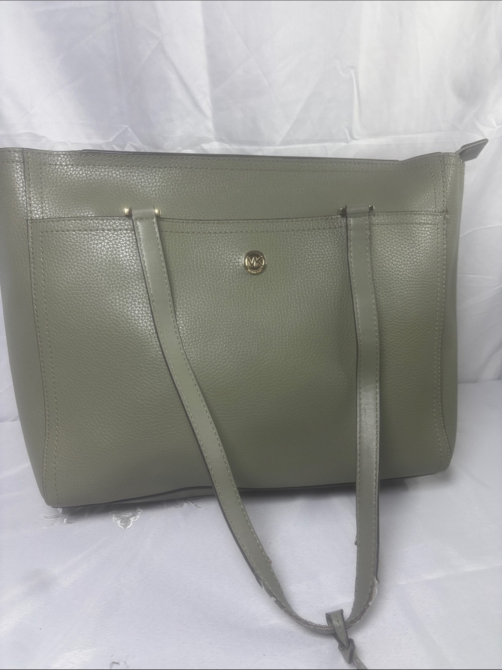 Michael Kors Olive Green Pebbled Leather Tote with Gold MK Emblem